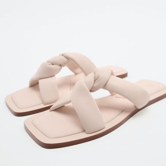 Zara Off White Crème Pink Flat Leather Sandals Shoes Size 8 - Picture 1 of 9